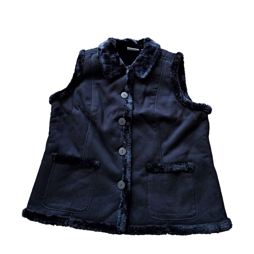Denim & Co Vest Womens L Black Faux Fur Trim Button Front A218924